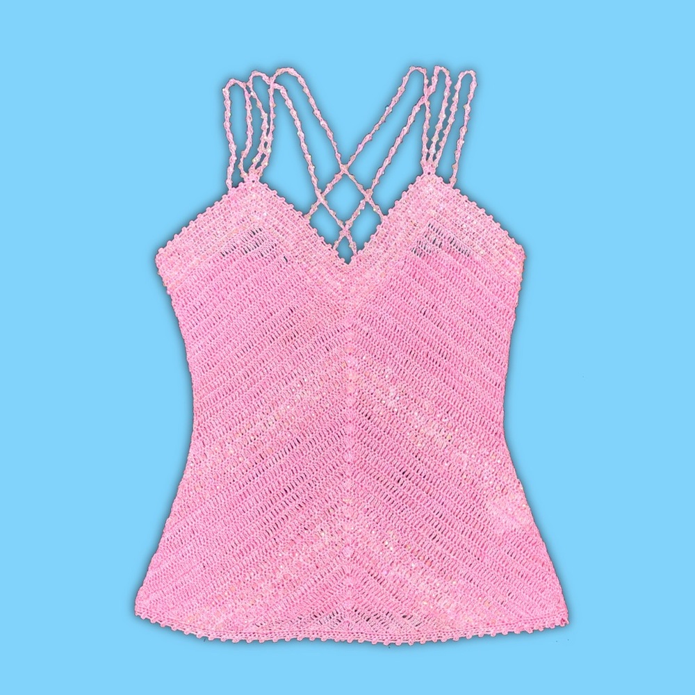 Baby Pink Y2K Beaded Crochet Strappy Tank Top